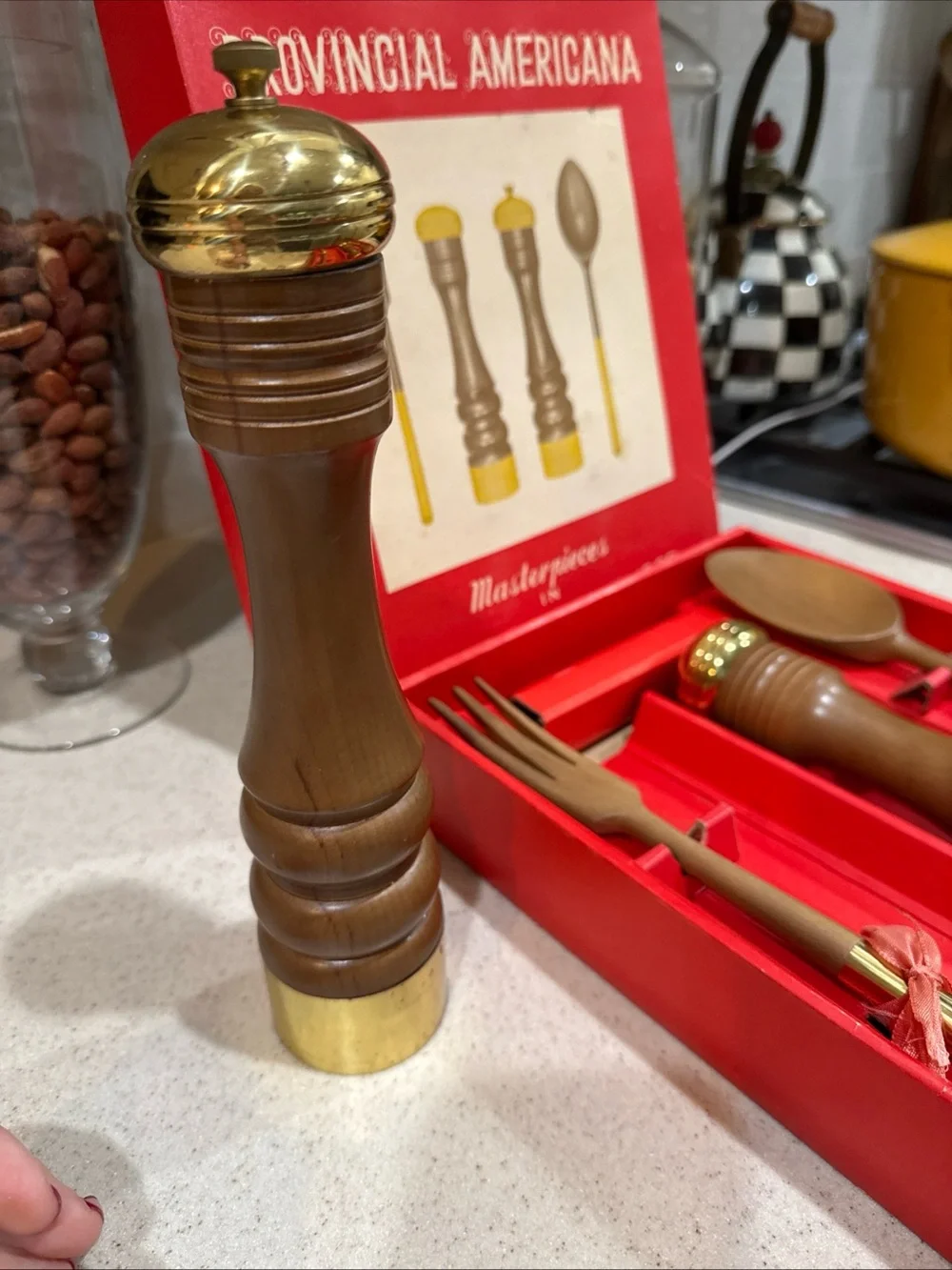 Vintage Wooden Salt & Pepper Grinder Set with Serving Utensils - wood & brass